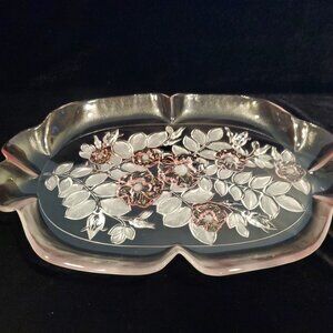 Vintage MIKASA ROSELLA Serving Platter Tray Ruffle Rim Pink Roses Frosted 16"